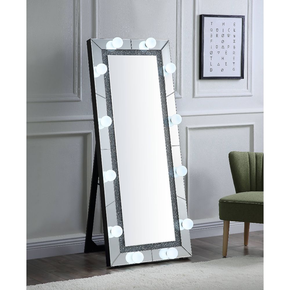 Acme - Noralie Floor Mirror 97754 Mirrored & Faux Diamonds