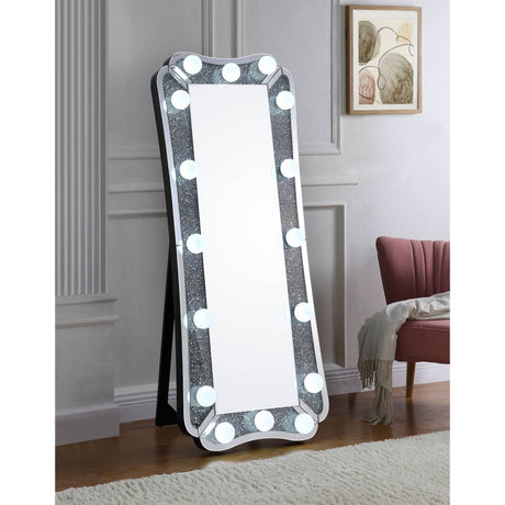 Acme - Noralie Floor Mirror 97755 Mirrored & Faux Diamonds