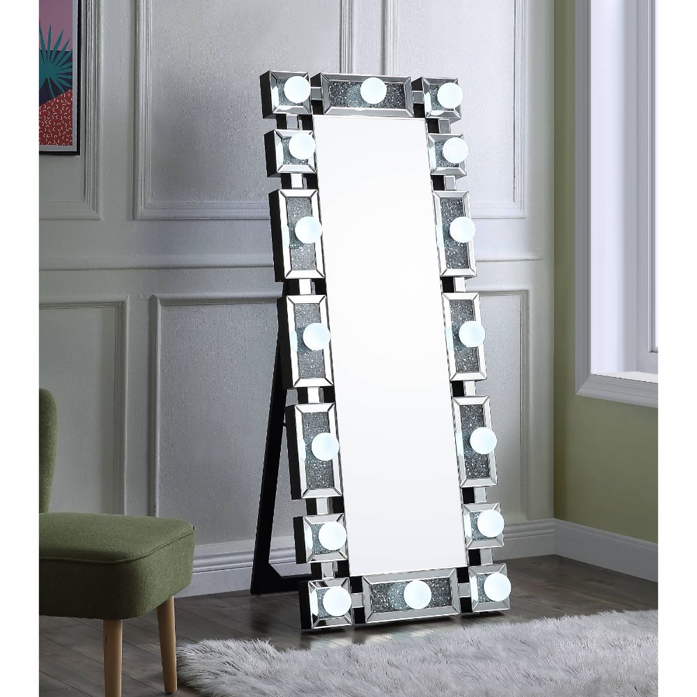 Acme - Noralie Floor Mirror 97756 Mirrored & Faux Diamonds