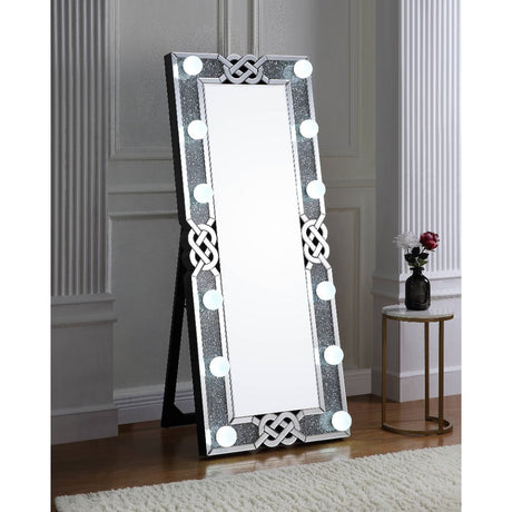 Acme - Noralie Floor Mirror 97758 Mirrored & Faux Diamonds