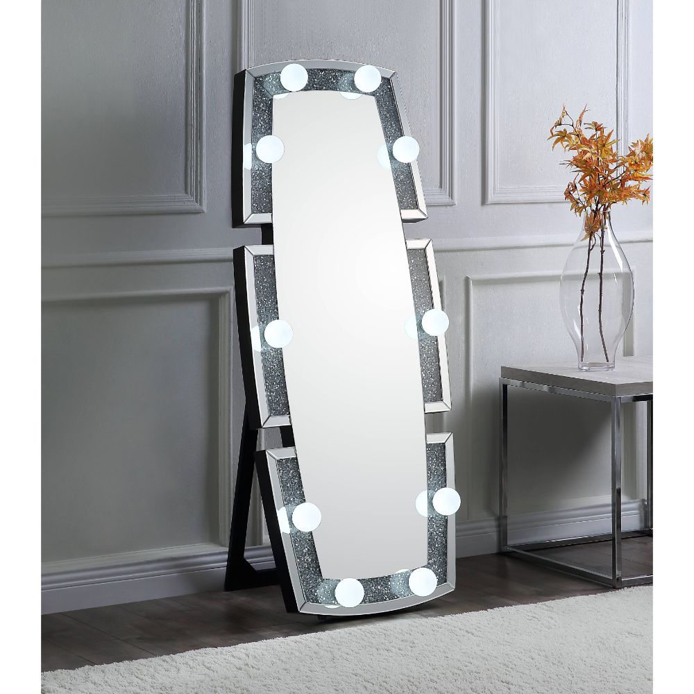 Acme - Noralie Floor Mirror 97759 Mirrored & Faux Diamonds