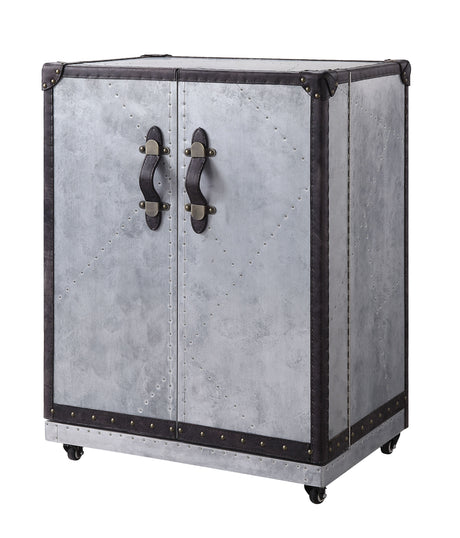 Acme - Brancaster Wine Cabinet 97802 Antique Ebony Top Grain Leather & Aluminum