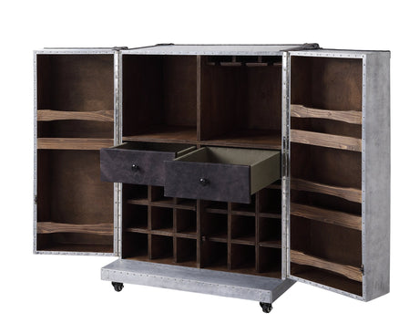 Brancaster Wine Cabinet 97802 Antique Ebony Top Grain Leather & Aluminum | Acme | Home Elegance USA