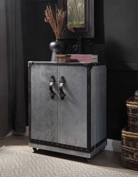 Brancaster Wine Cabinet 97802 Antique Ebony Top Grain Leather & Aluminum | Acme | Home Elegance USA