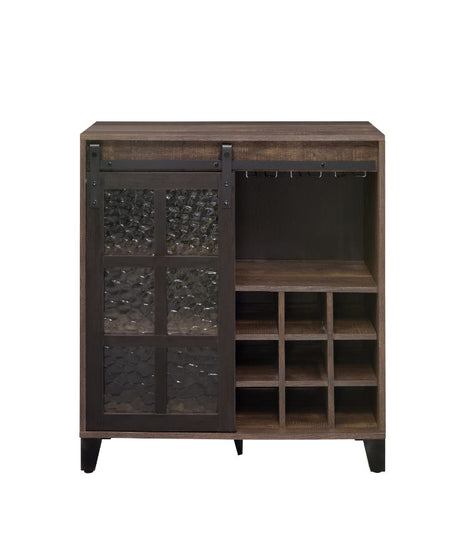 Acme - Treju Wine Cabinet 97836 Obscure Glass, Rustic Oak & Black Finish