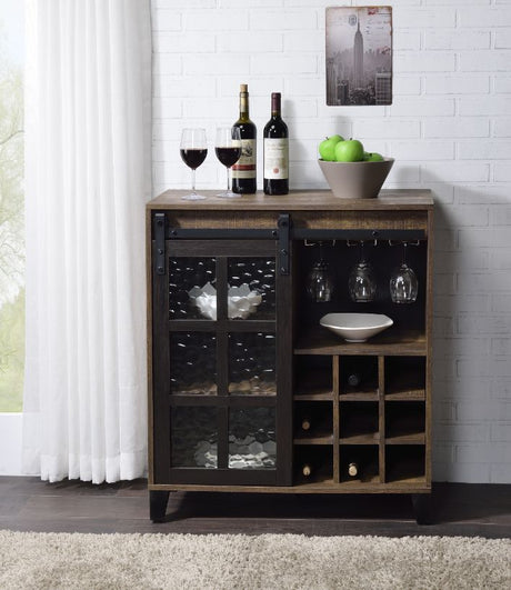 Acme - Treju Wine Cabinet 97836 Obscure Glass, Rustic Oak & Black Finish