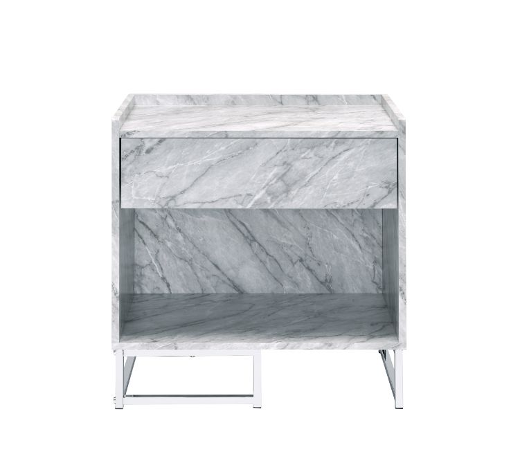 Acme - Azrael Accent Table 97865 White Printed Faux Marble & Chrome Finish