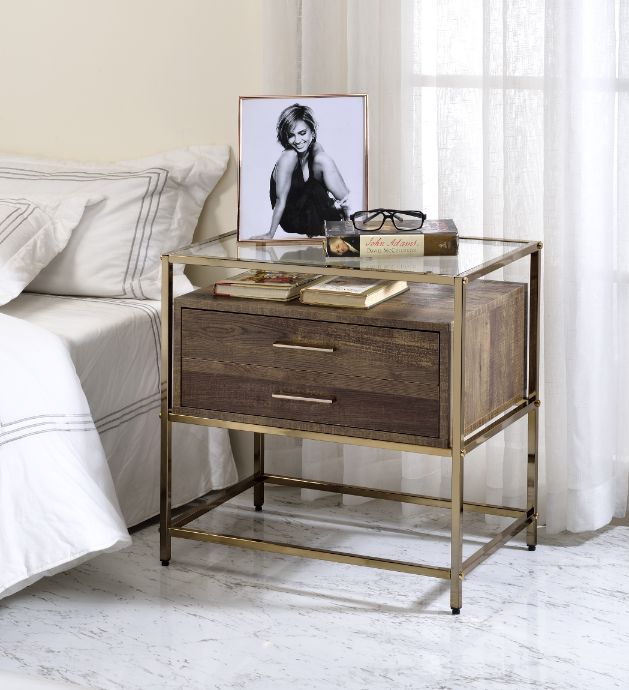 Acme - Knave Accent Table 97867 Walnut & Champagne Finish