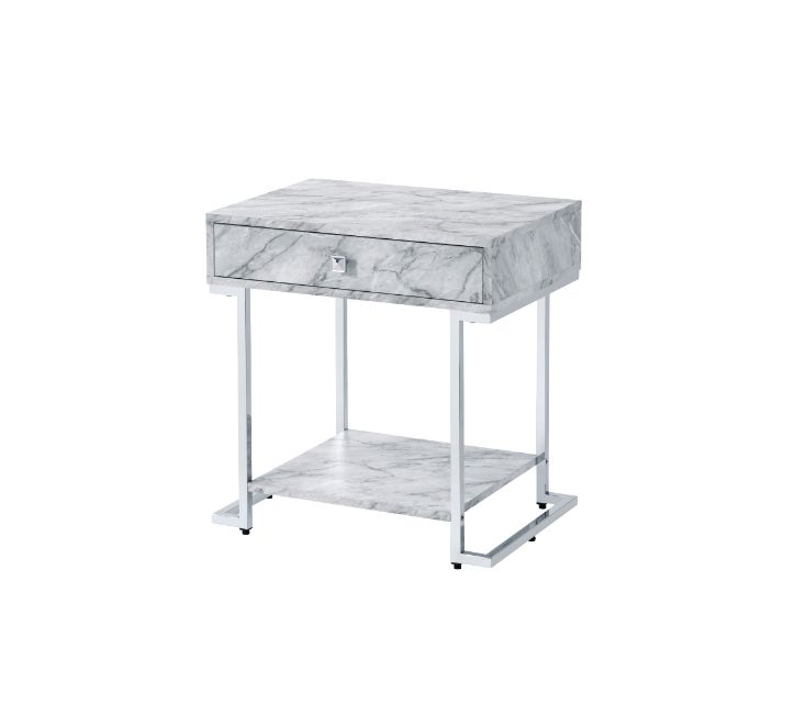 Acme - Wither Accent Table 97868 White Printed Faux Marble & Chrome Finish
