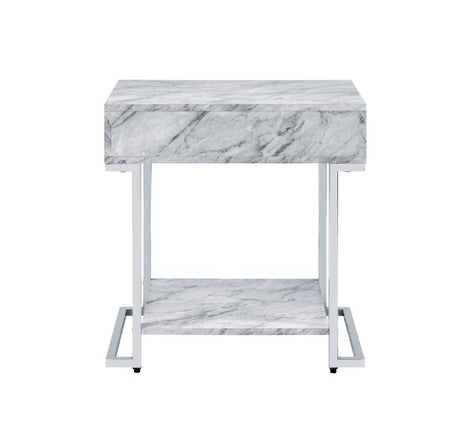 Acme - Wither Accent Table 97868 White Printed Faux Marble & Chrome Finish