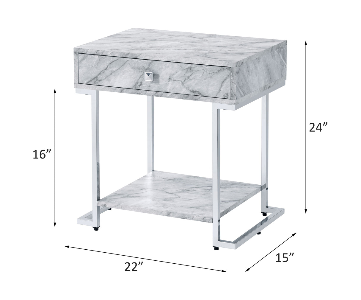 Acme - Wither Accent Table 97868 White Printed Faux Marble & Chrome Finish
