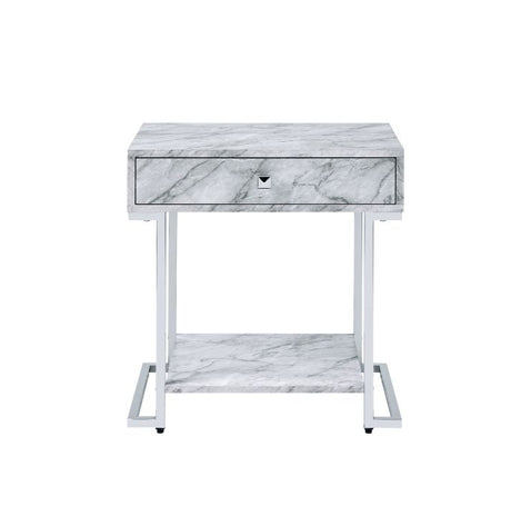 Acme - Wither Accent Table 97868 White Printed Faux Marble & Chrome Finish