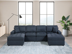 Contemporary Style Sectional Sofa Set RAF And LAF Chaise Armless Chairs Dark Blue Color Dorris Fabric Tufted Couch Pillows Living Room