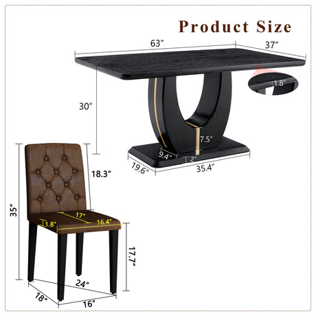Black Wood Grain Dining Table Set for 4 people, 63' Modern MDF Dining Room Table Set .Paired with 4 Brown Suede Fabric chairs with decorative buckle design on the backrest.For Dining Room,Kitchen,etc. - sold by Home Elegance USA