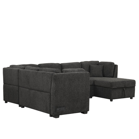 U-shaped Sectional Sofa Pull Out Bed with USB Ports, Power Sockets, Back Pillows & Storage Chaise, Black Chenille, 108.6' - sold by Home Elegance USA