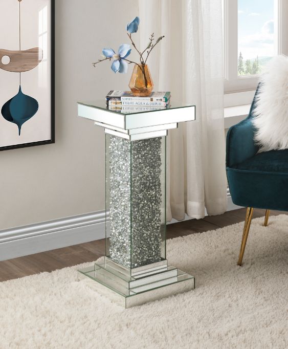 Acme - Noralie Pedestal Stand 97940 Mirrored, Faux Diamonds