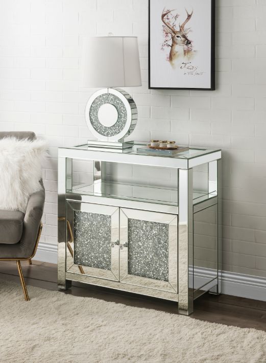 Acme - Noralie Cabinet 97953 Clear Glass, Mirrored & Faux Diamonds