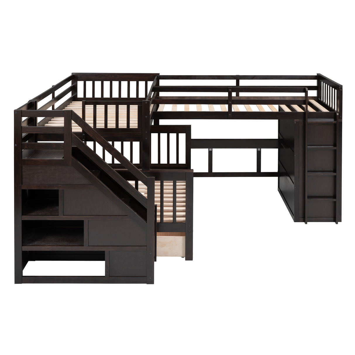 Twin-Twin over Full L-Shaped Bunk Bed With 3 Drawers, Portable Desk and Wardrobe, Espresso - Home Elegance USA