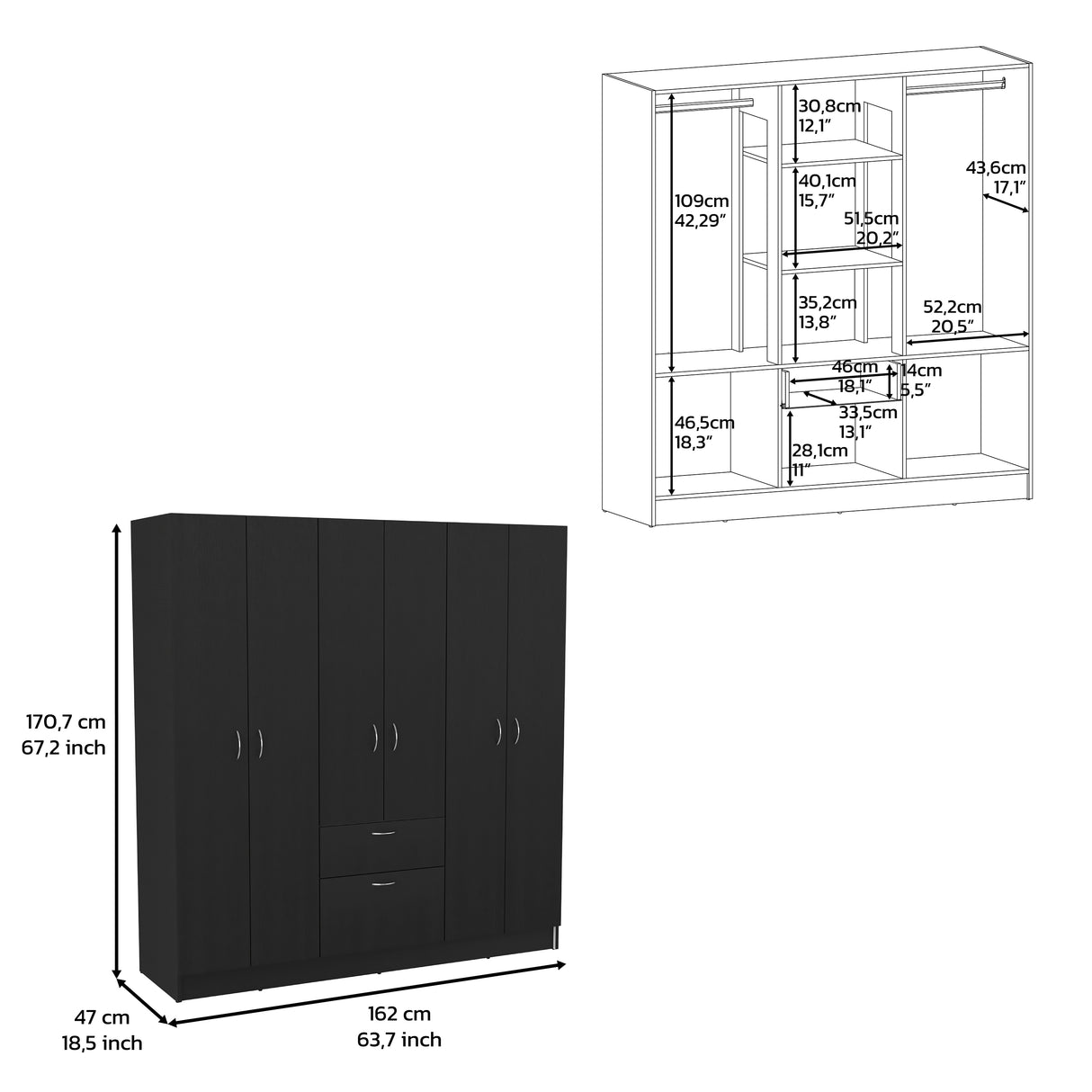 Kibo 6 Doors Armoire, One Drawer, Rod, Seven Interior Shelves, Black Wengue / White -Bedroom - sold by Home Elegance USA