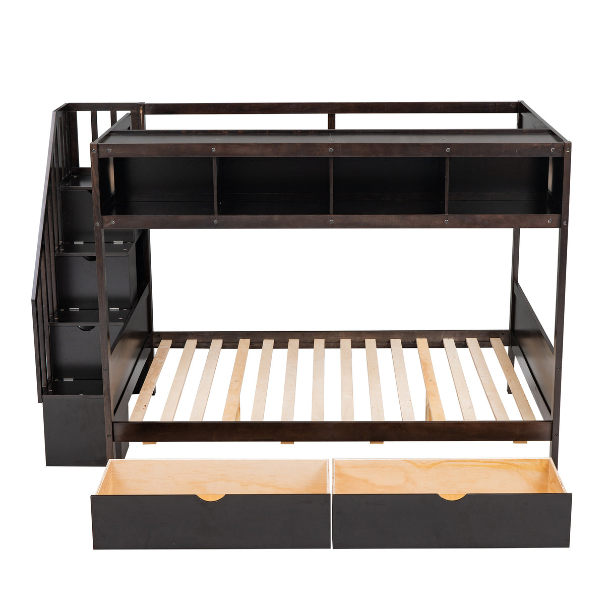 Twin over Full Bunk Bed with Shelfs, Storage Staircase and 2 Drawers, Espresso - Home Elegance USA