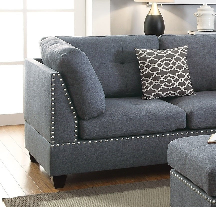 3 - pcs Sectional Sofa Blue Grey Polyfiber Cushion Sofa Chaise Ottoman Reversible Couch Pillows | Home Elegance USA