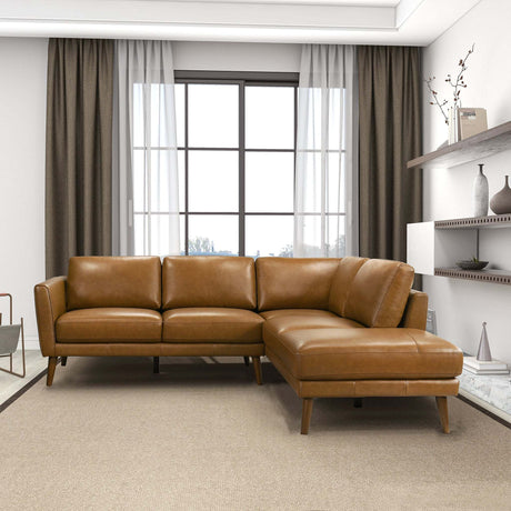 Mid-In Mod Benson Tan Leather Sectional Sofa with Right Facing Chaise - Mid-Century Modern Design - sold by Home Elegance USA