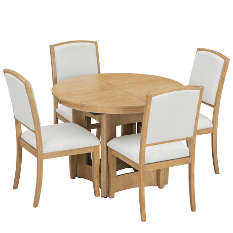TOPMAX Farmhouse Extendable Round Dining Table Set for 4, 5-Piece Kitchen Table Set with 4 Upholstered Chairs and 16inch Removable Leaf for Small Places, Natural+Beige - sold by Home Elegance USA