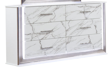 Desire Dresser Marble Patterned Drawer Fronts with Sleek White Finish, Metallic Handle  and Six Spacious Drawers for Elegant Bedroom Storage (INCLUDES ONLY DRESSER)  same as B009P309336 (NJ inventory)