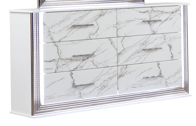 Desire Dresser Marble Patterned Drawer Fronts with Sleek White Finish, Metallic Handle  and Six Spacious Drawers for Elegant Bedroom Storage (INCLUDES ONLY DRESSER)  same as B009P309336 (CA inventory)