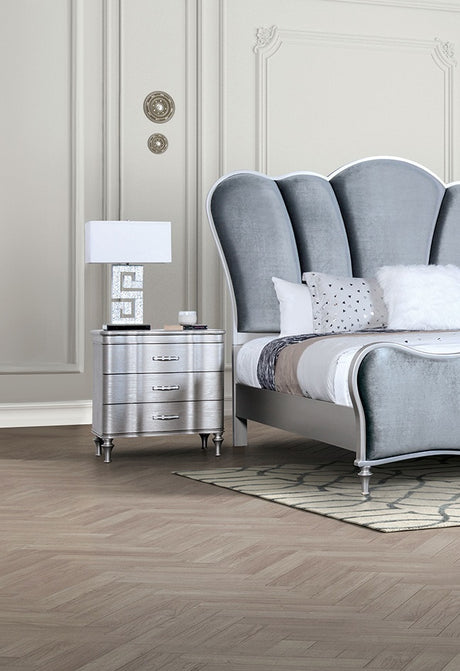 Lovely Attracting Bedroom 3pc Set Queen Size Bed 2x Nightstands Light Gray Fabric Padded HB Wood Leg Silver Color - sold by Home Elegance USA