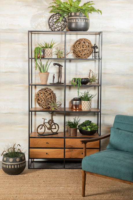 Bookcase - Belcroft 4-drawer Etagere Natural Acacia and Black