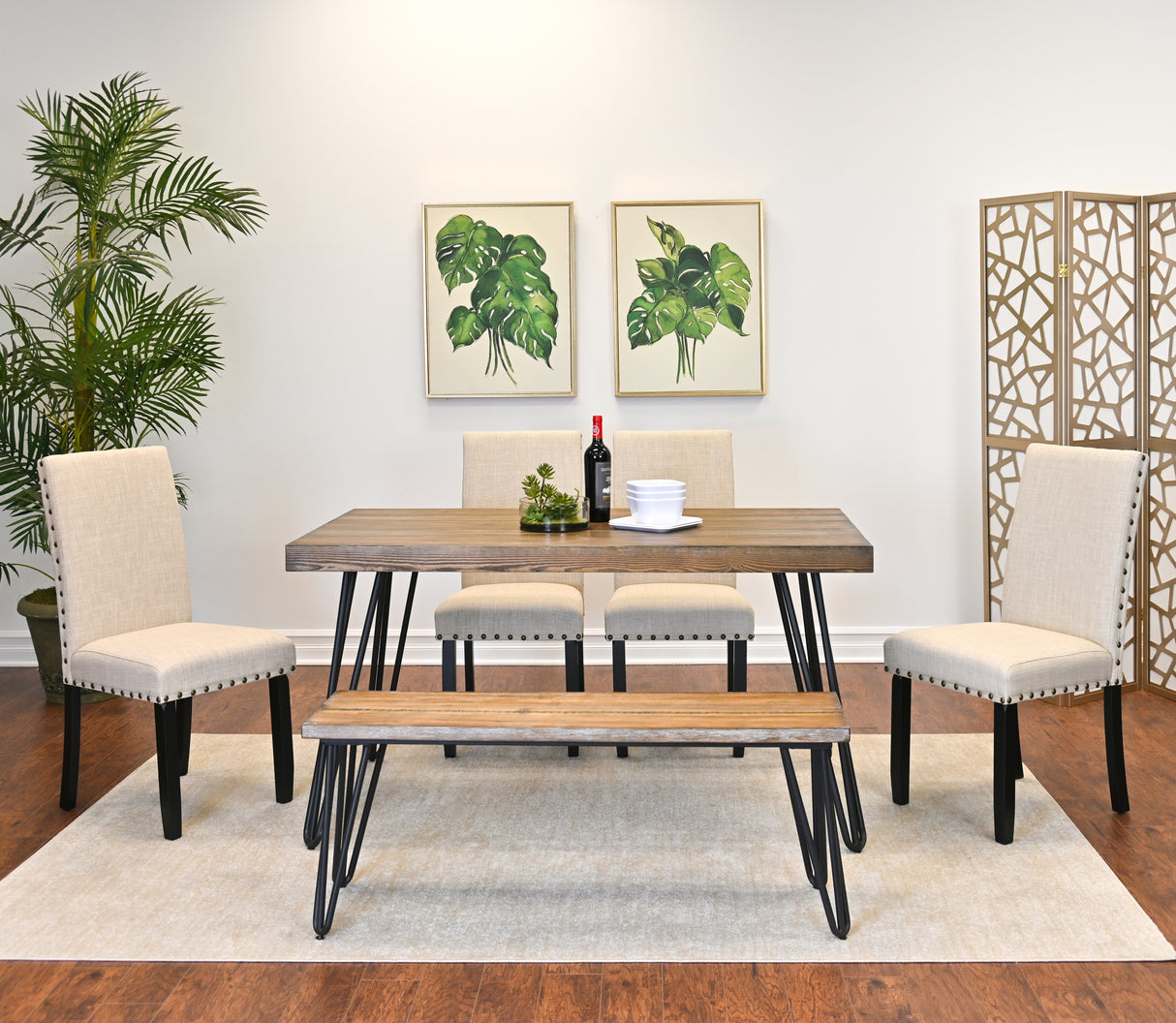 Juego de comedor Amisos de 6 piezas: mesa de comedor con 4 sillas y banco de madera, disponible en 3 colores.