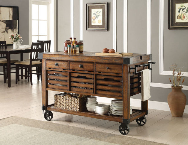 Acme - Kaif Kitchen Cart 98184 Distressed Chestnut Finish