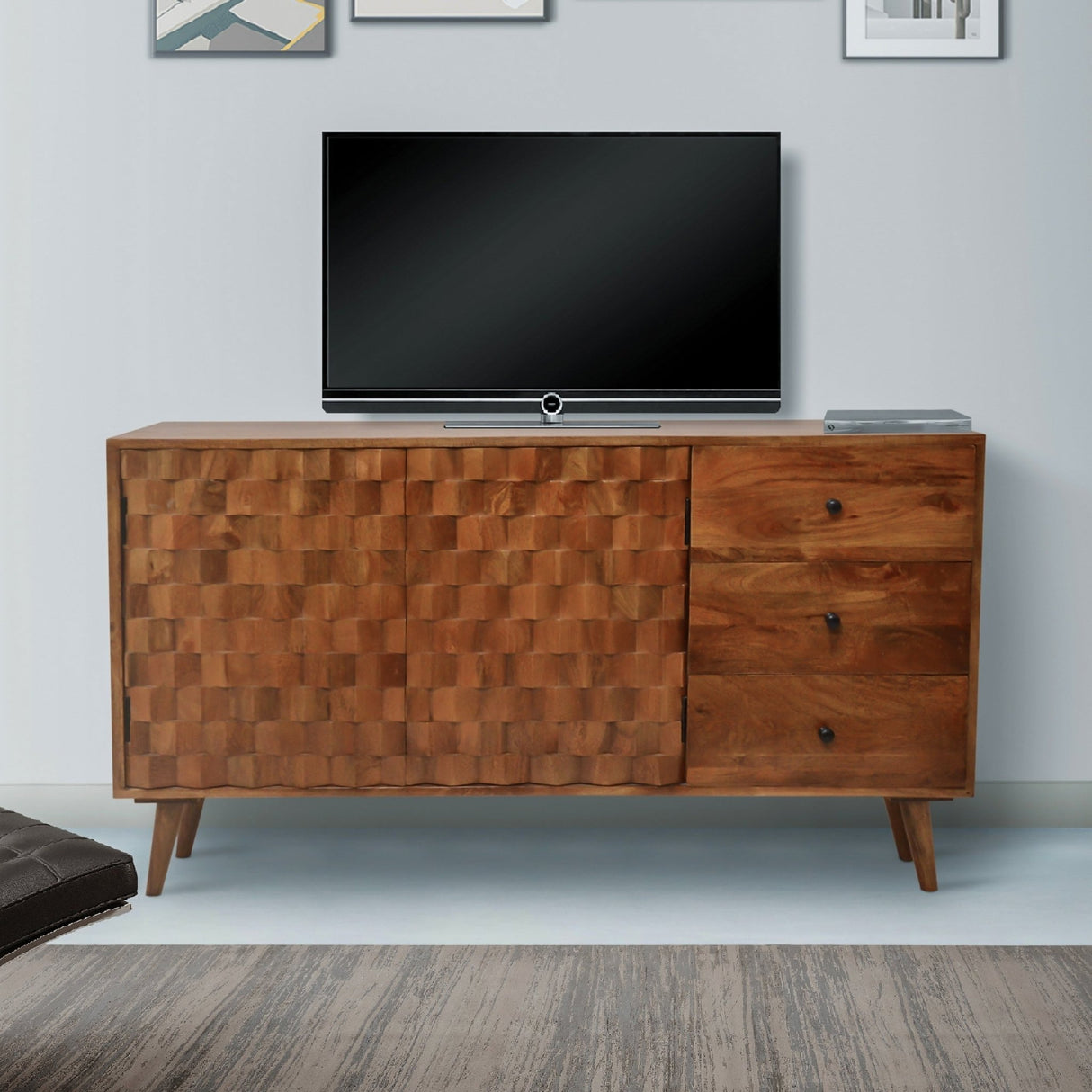2 Door Wooden TV Console with 3 Drawers and Honeycomb Design, Walnut Brown Home Elegance USA