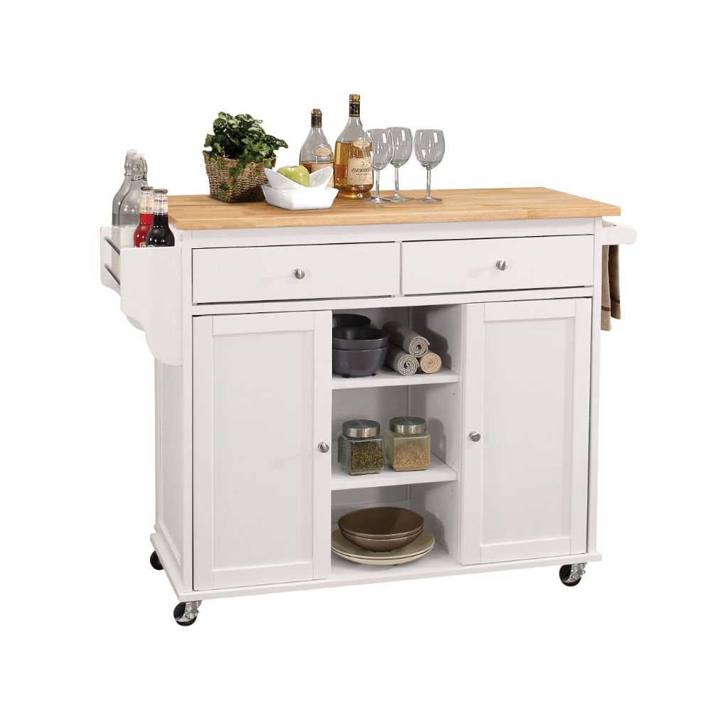 Acme - Tullarick Kitchen Cart 98305 Natural Wooden Top & White Finish