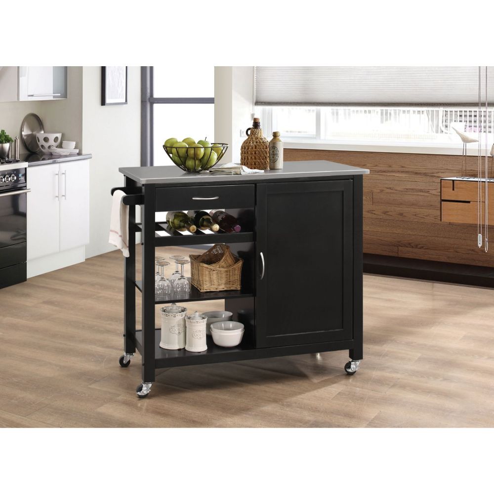 Acme - Ottawa Kitchen Cart 98317 Stainless Steel Top & Black Finish