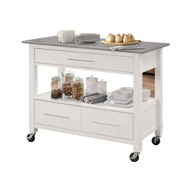 Acme - Ottawa Kitchen Cart 98330 Stainless Steel Top & White Finish