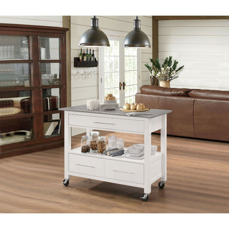 Acme - Ottawa Kitchen Cart 98330 Stainless Steel Top & White Finish