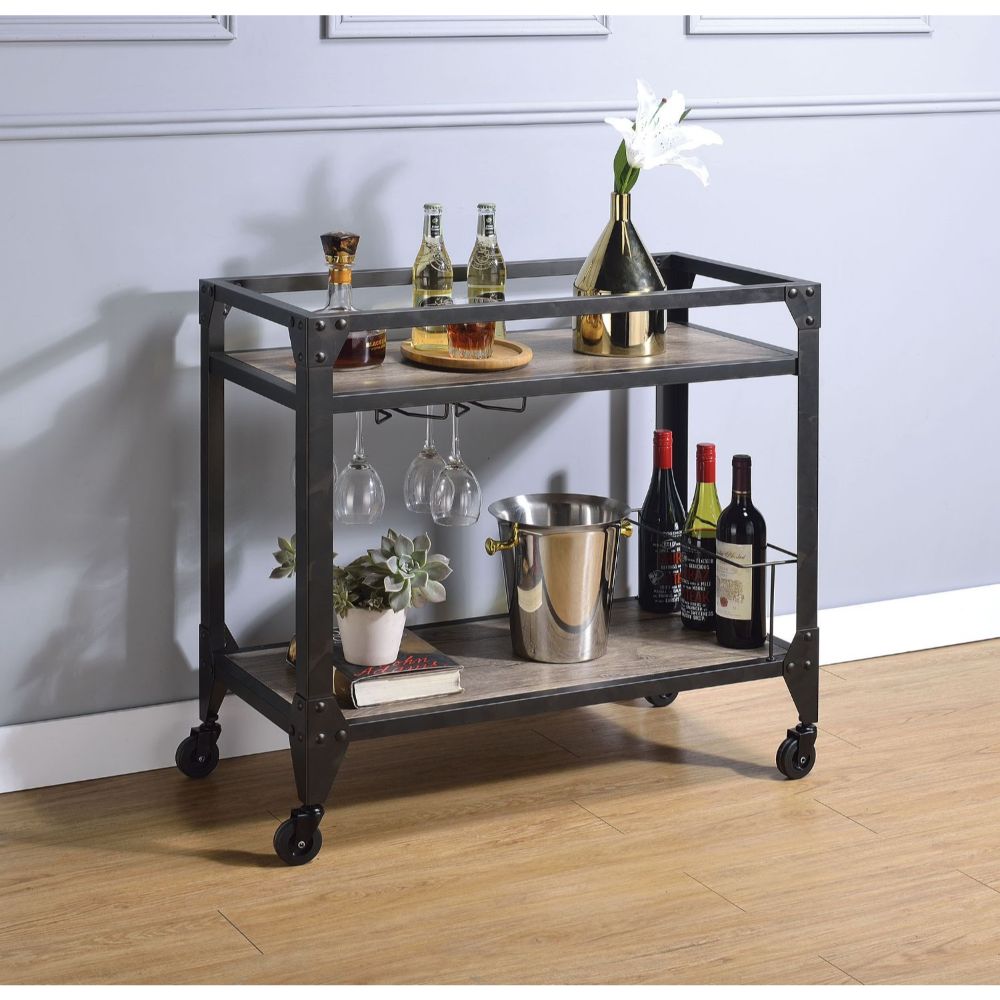 Acme - Jorgensen Serving Cart 98355 Rustic Oak & Charcoal Finish