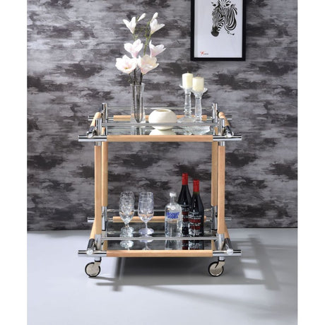 Acme - Mylandra Serving Cart 98360 Mirrored, Chrome & Natural Finish