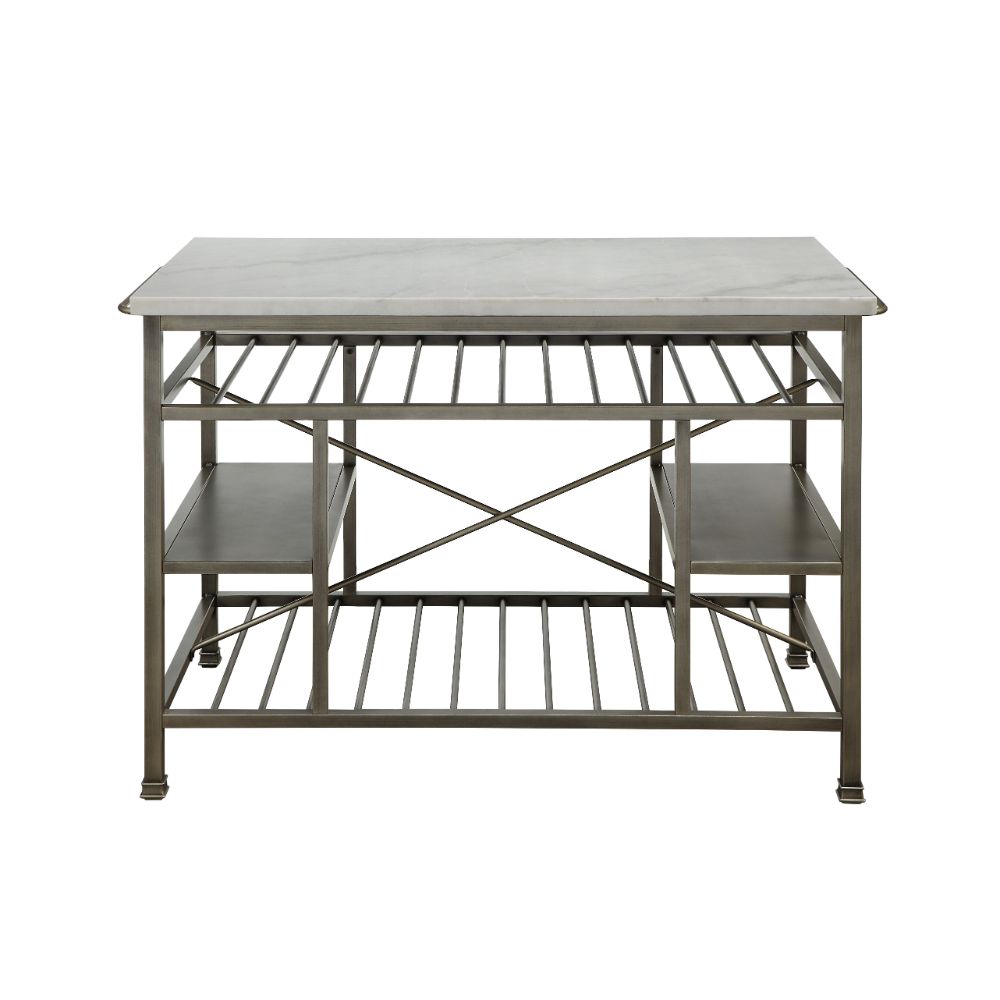 Acme - Lanzo Kitchen Island 98402 Marble Top & Antique Pewter Finish