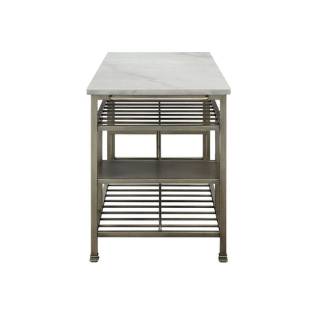 Acme - Lanzo Kitchen Island 98402 Marble Top & Antique Pewter Finish