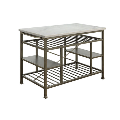 Acme - Lanzo Kitchen Island 98402 Marble Top & Antique Pewter Finish