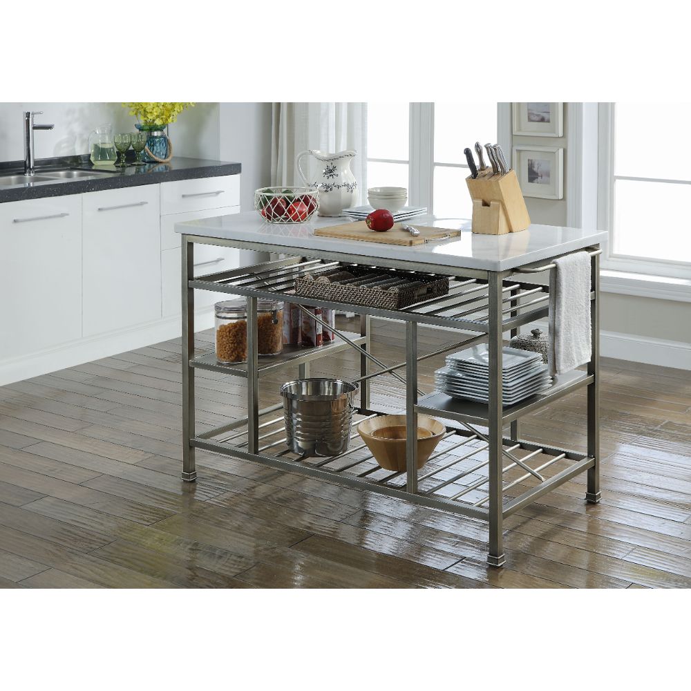 Acme - Lanzo Kitchen Island 98402 Marble Top & Antique Pewter Finish