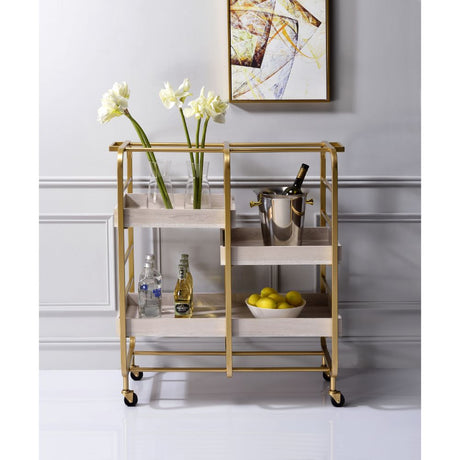 Acme - Vorrik Serving Cart 98412 Gold & White Washed Finish