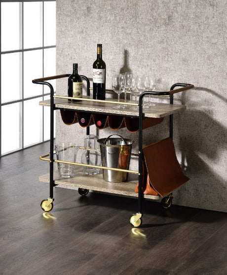 Acme - Naude Serving Cart 98417 Natural, Gold & Black Finish