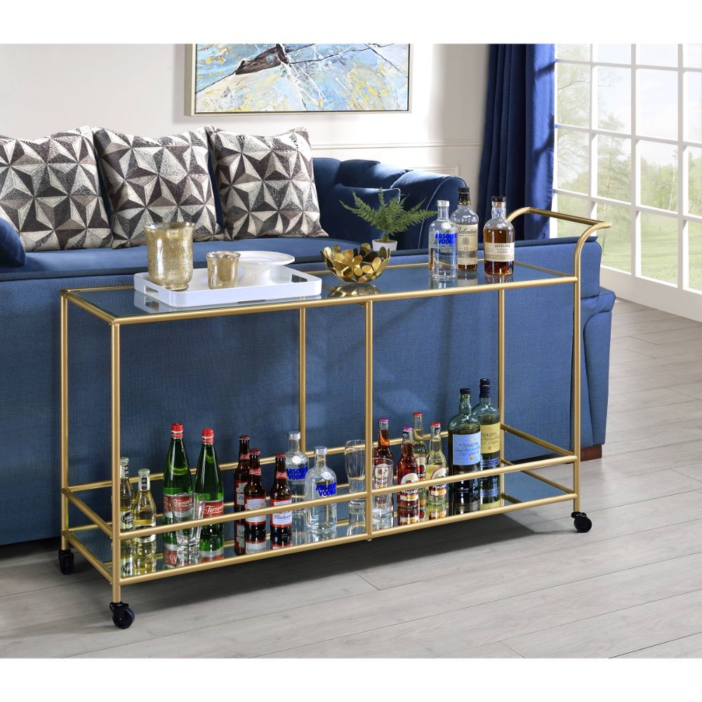 Acme - Kenda Serving Cart 98425 Clear Glass, Mirrored & Gold Finish