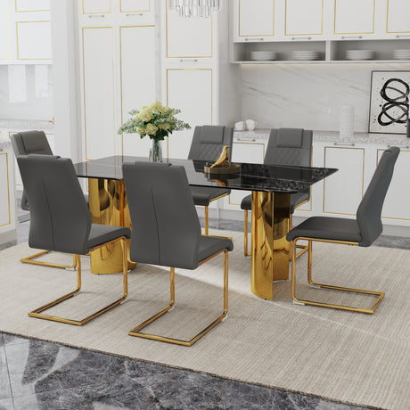 Table and chair set.The table has a glass tabletop with imitation marble pattern stickers and stainless steel golden legs. Paried with 6 comfortable chairs with PU seats and metal legs.W1151S01515 - sold by Home Elegance USA
