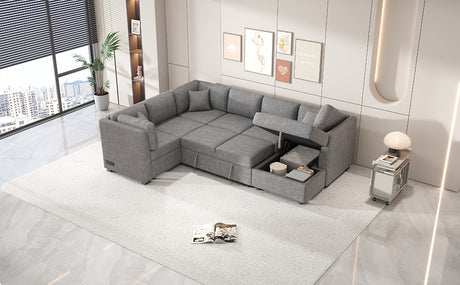 U-shaped Sectional Sofa Pull out Sofa Bed with USB Ports, Power Sockets, Storage Chaise, Light Gray Chenille, 108.6' - sold by Home Elegance USA