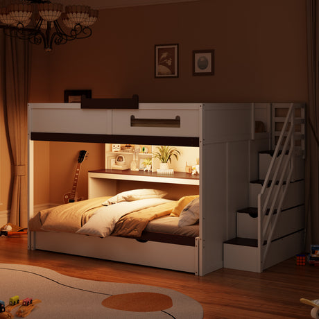 Full Over Full Bunk Bed with Twin Size Trundle and Staircase, Shelves, LED,White - sold by Home Elegance USA